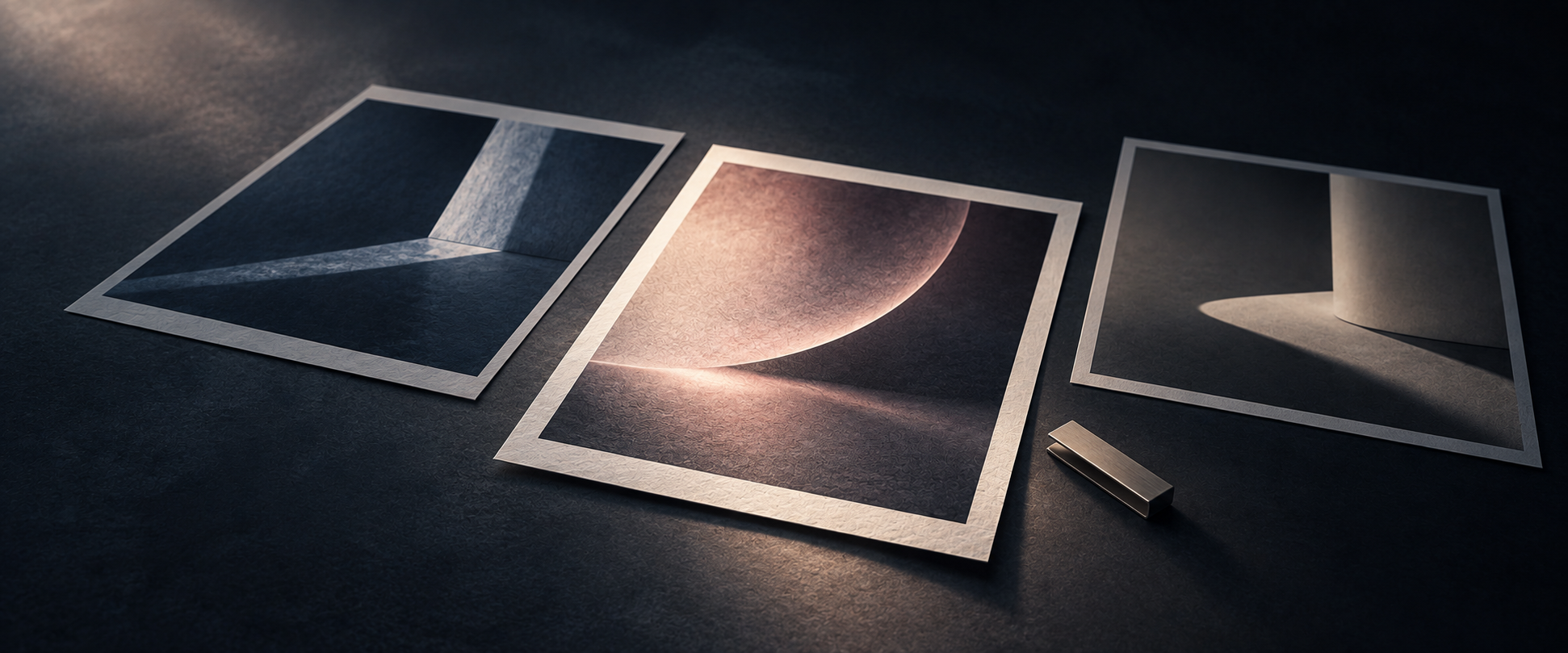 Three creative prints arranged for selection, with one brought forward.