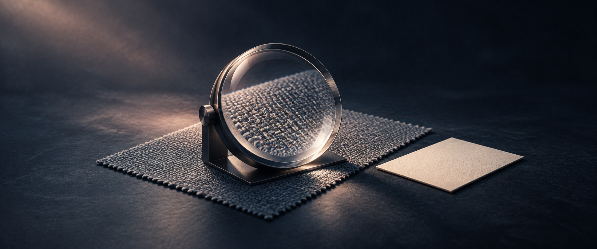 An inspection lens magnifies a textile detail while the surrounding material remains visible.