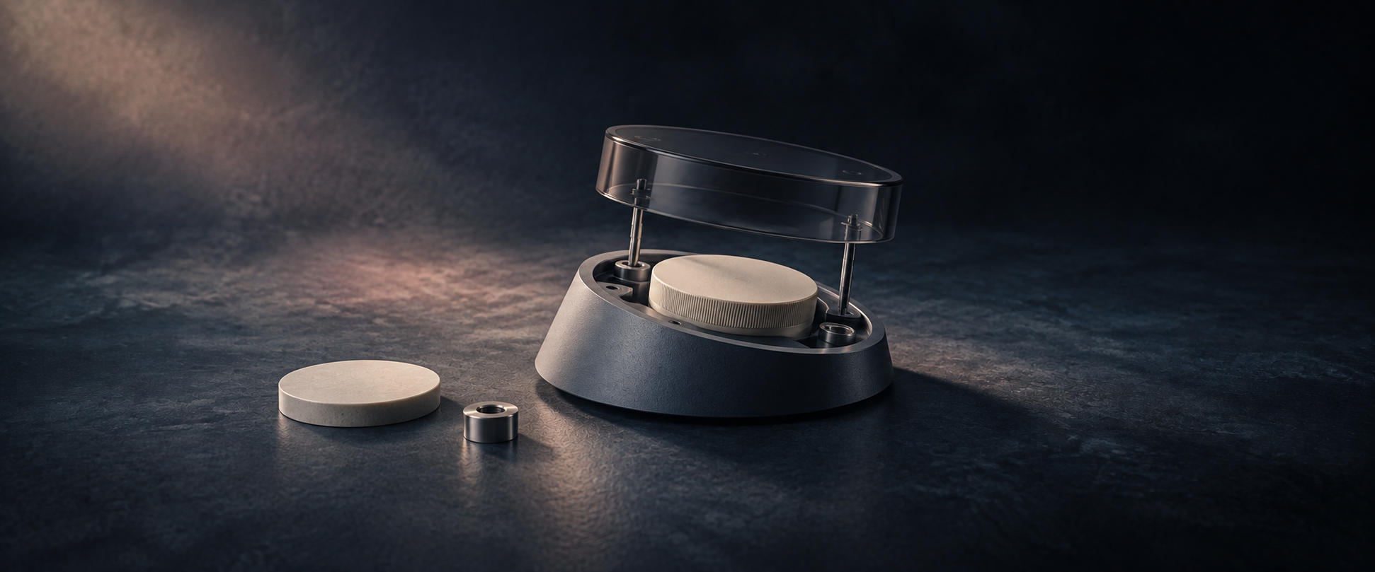 A partially assembled control-object study with its transparent cover raised above the chassis.