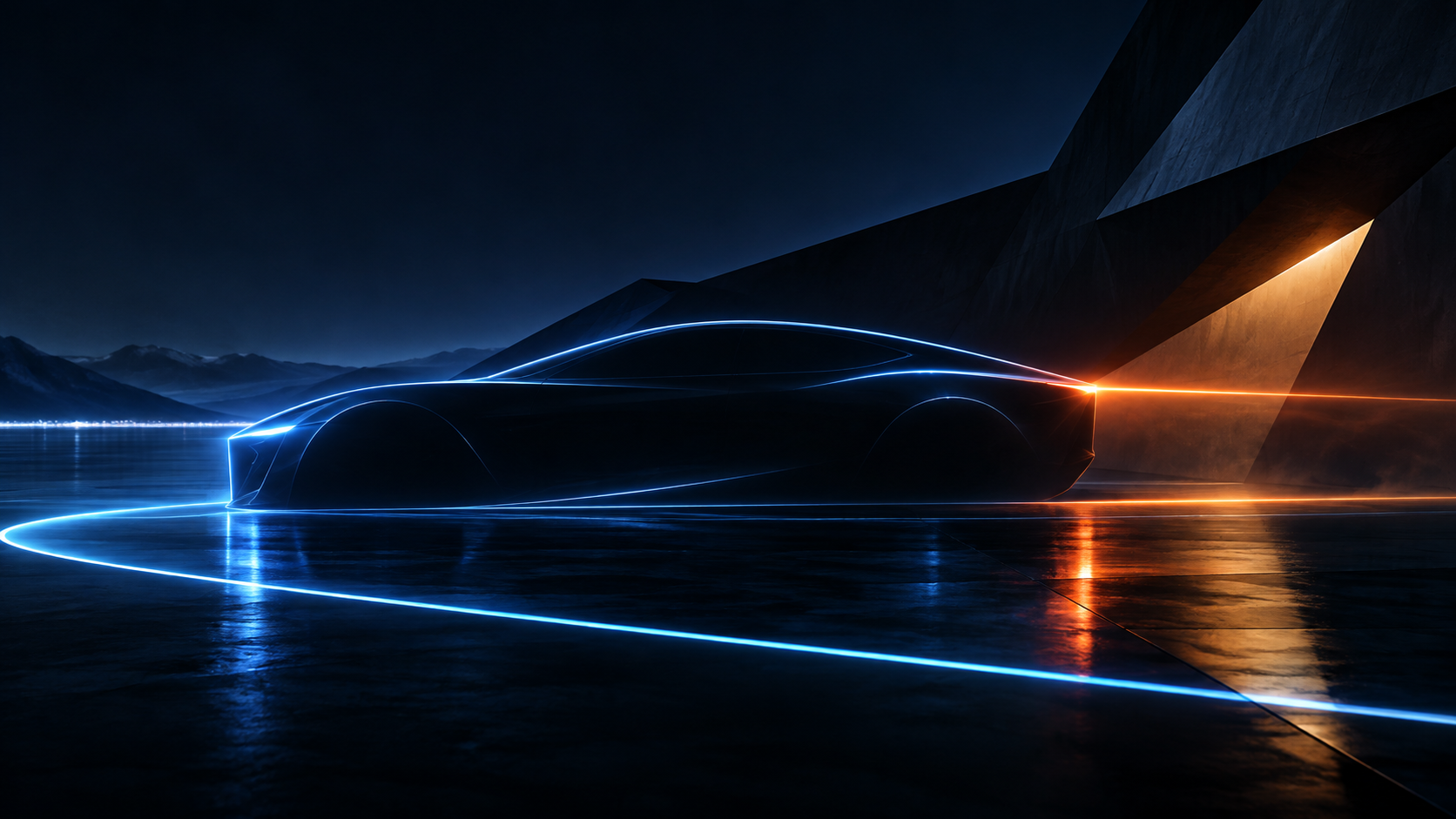 Conceptual commercial-previsualization study of a luminous vehicle contour, a faceted dark environment and a warm light event for G2.