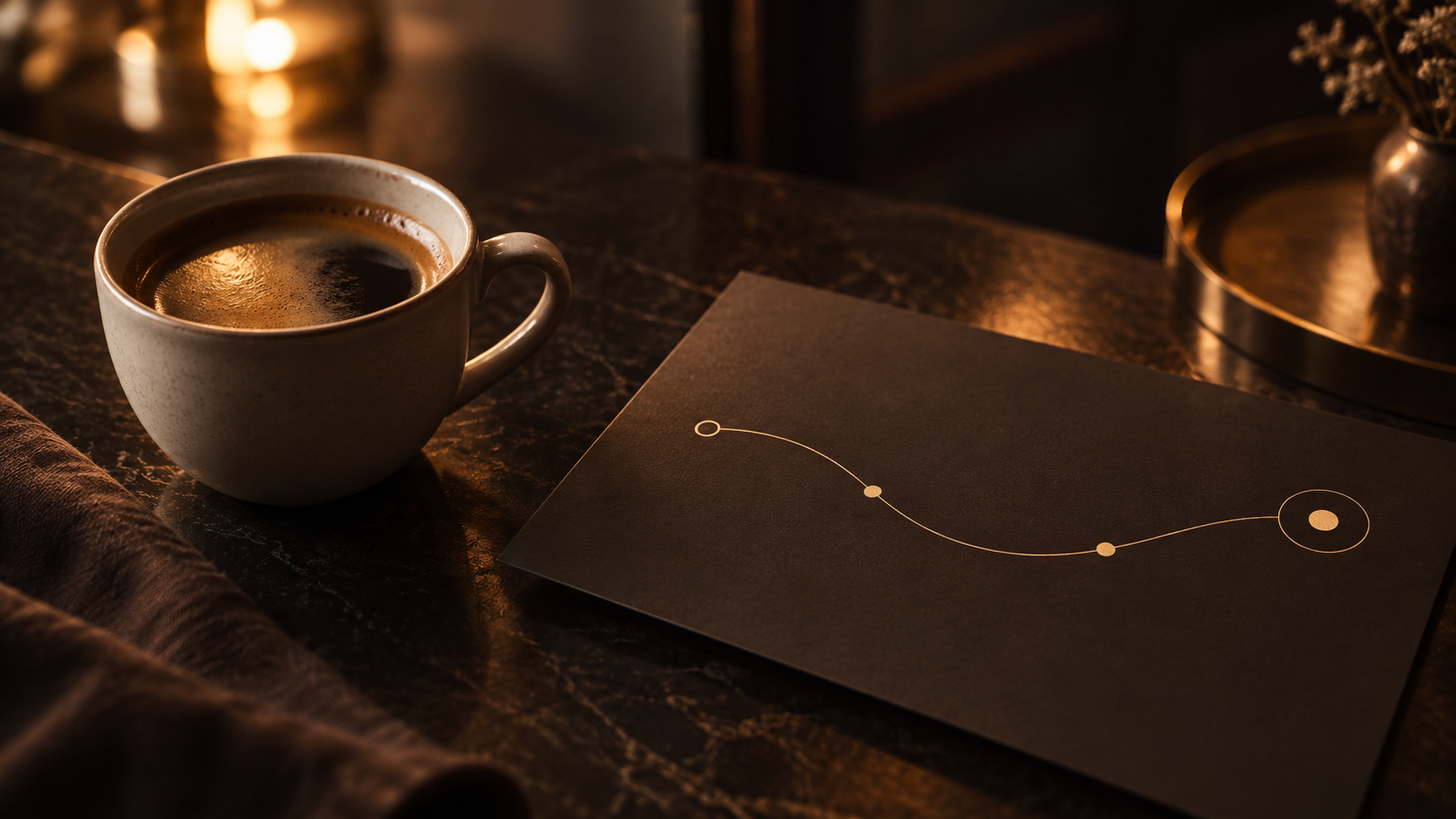 Conceptual café table study with a ceramic cup and a simple warm-gold route line on an unbranded menu card for Jorgys Cafe.