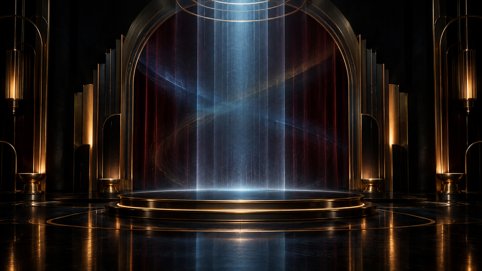 Conceptual Art Deco stage of a vertical blue projection volume, warm architectural light and deep red curtains for Kenny’s Jazz Pad.