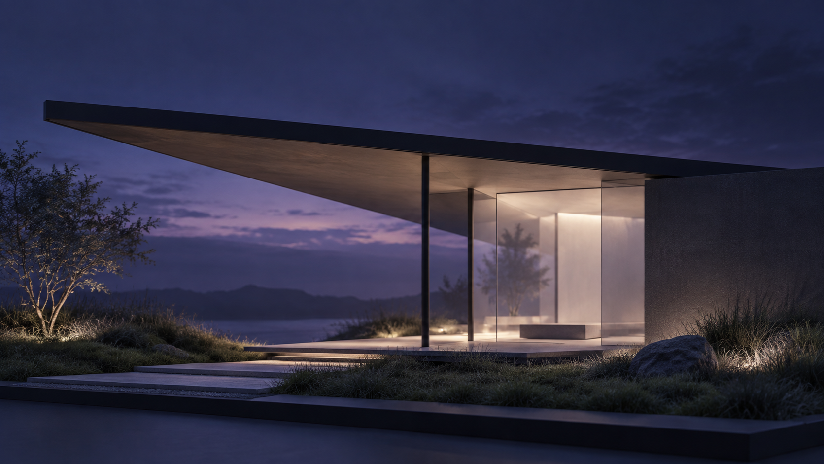 Conceptual architectural threshold study of a deep roof plane, transparent edge and landscaped ground for the P150 FIX spatial treatment.
