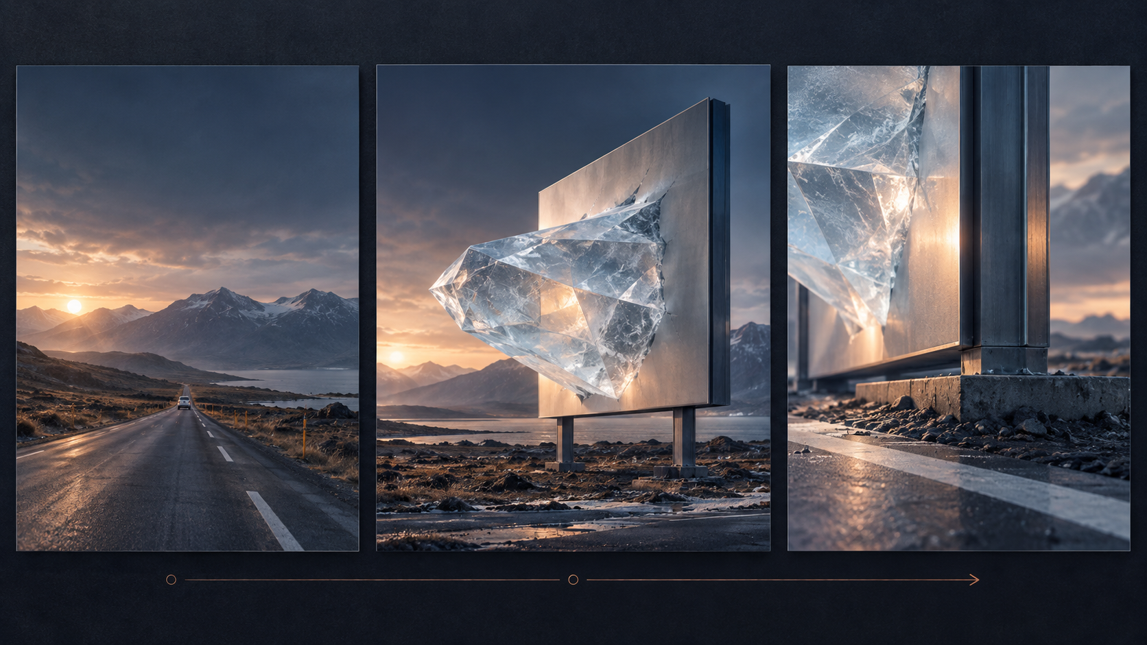 Conceptual three-plate study of a road horizon, a frozen geometric form breaking through a billboard plane, and the display edge meeting the street for Permant.