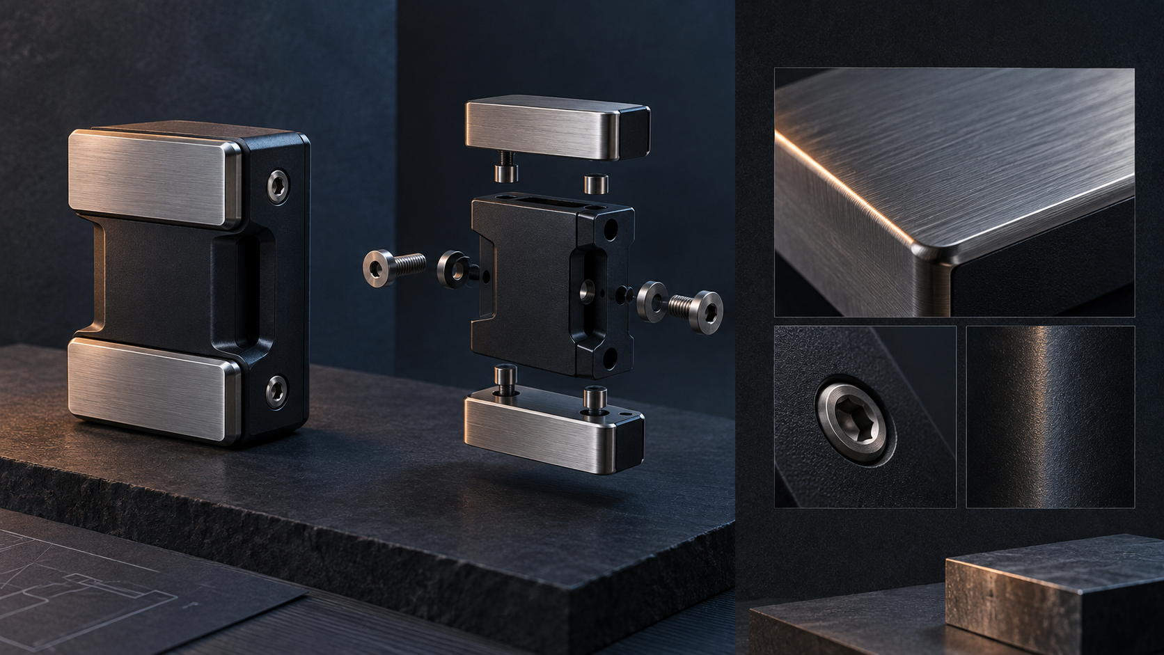 Conceptual technical material study of an abstract dark-metal form, an exploded fastener view, and surface details for R120ZIP.