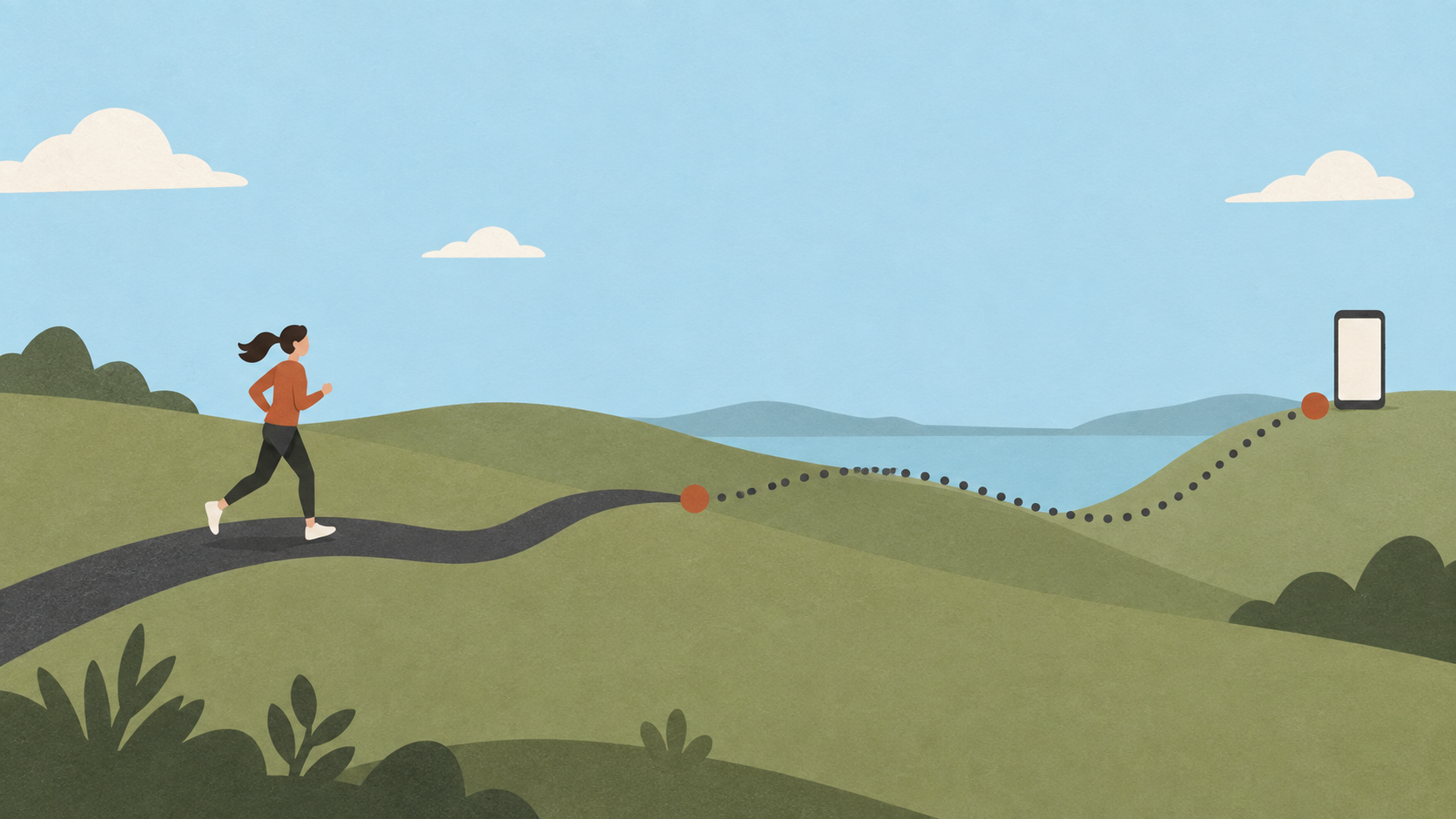 Conceptual paper-cut study of a walking path becoming a dotted connection trace between two quiet waypoints for RunHelper.