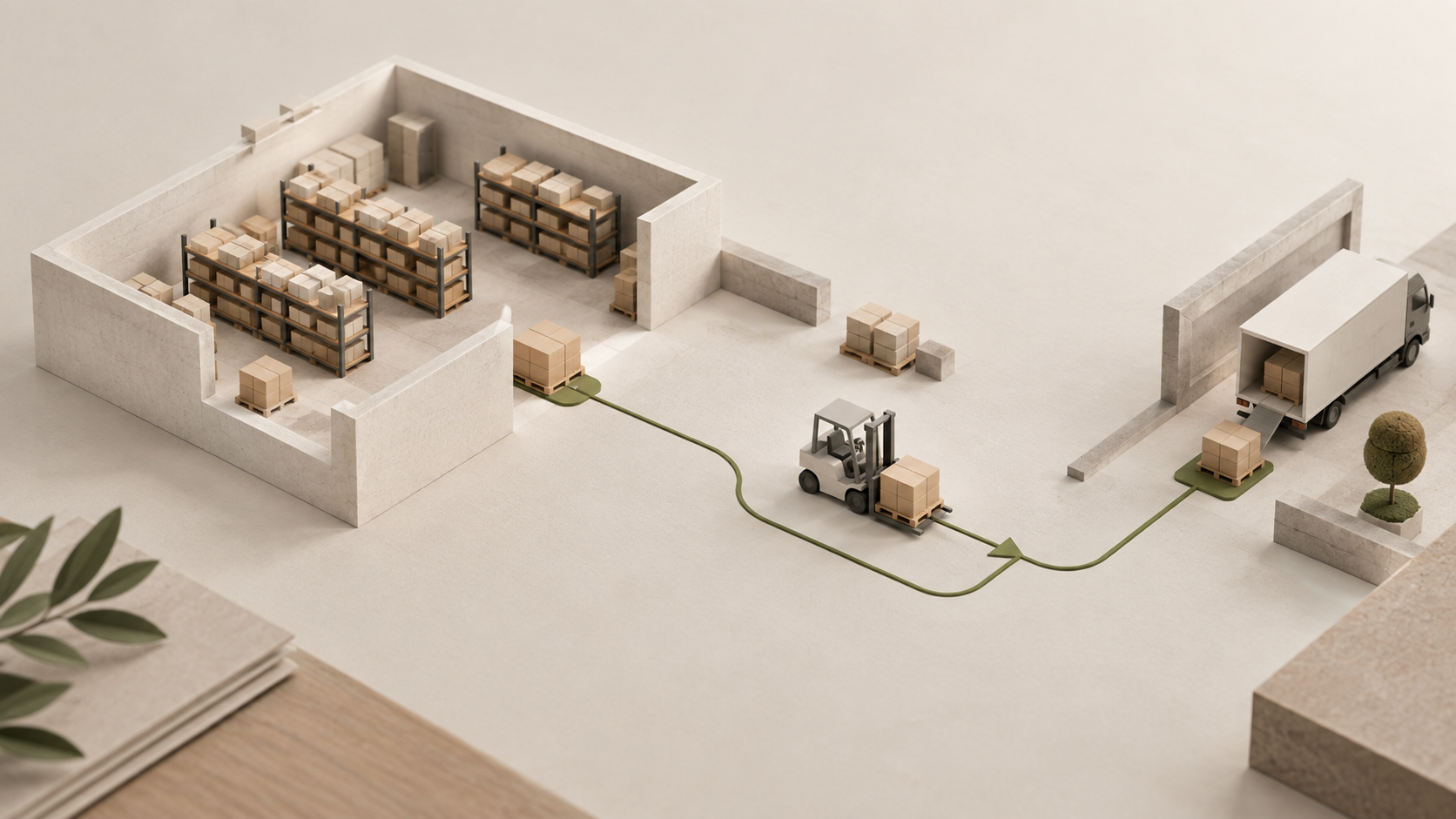 Conceptual warehouse-flow study of inventory shelves, a handling vehicle and an olive route line for Sivra.