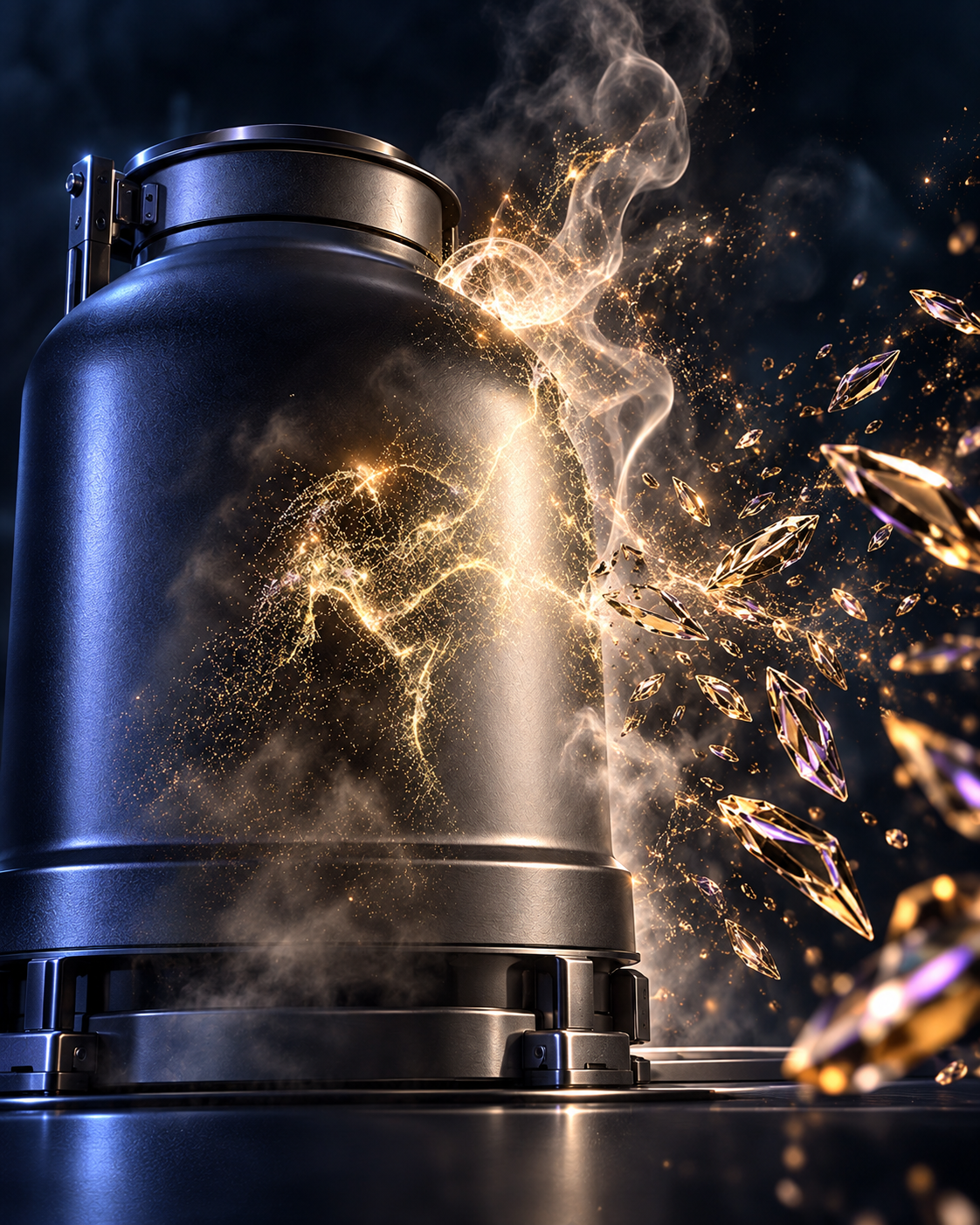 TANCS reactor with visible nano-crystal particles and superheated steam, derived from the original Behance project imagery.