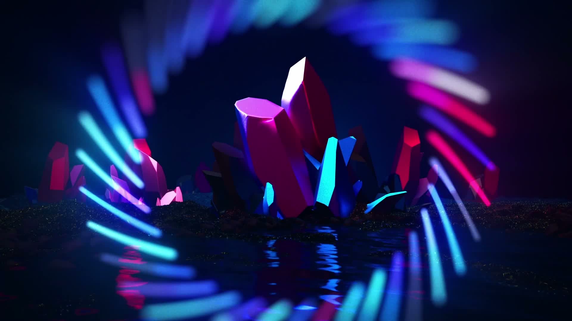 Original TANCS explainer frame showing illuminated crystal forms across a dark reflective field.