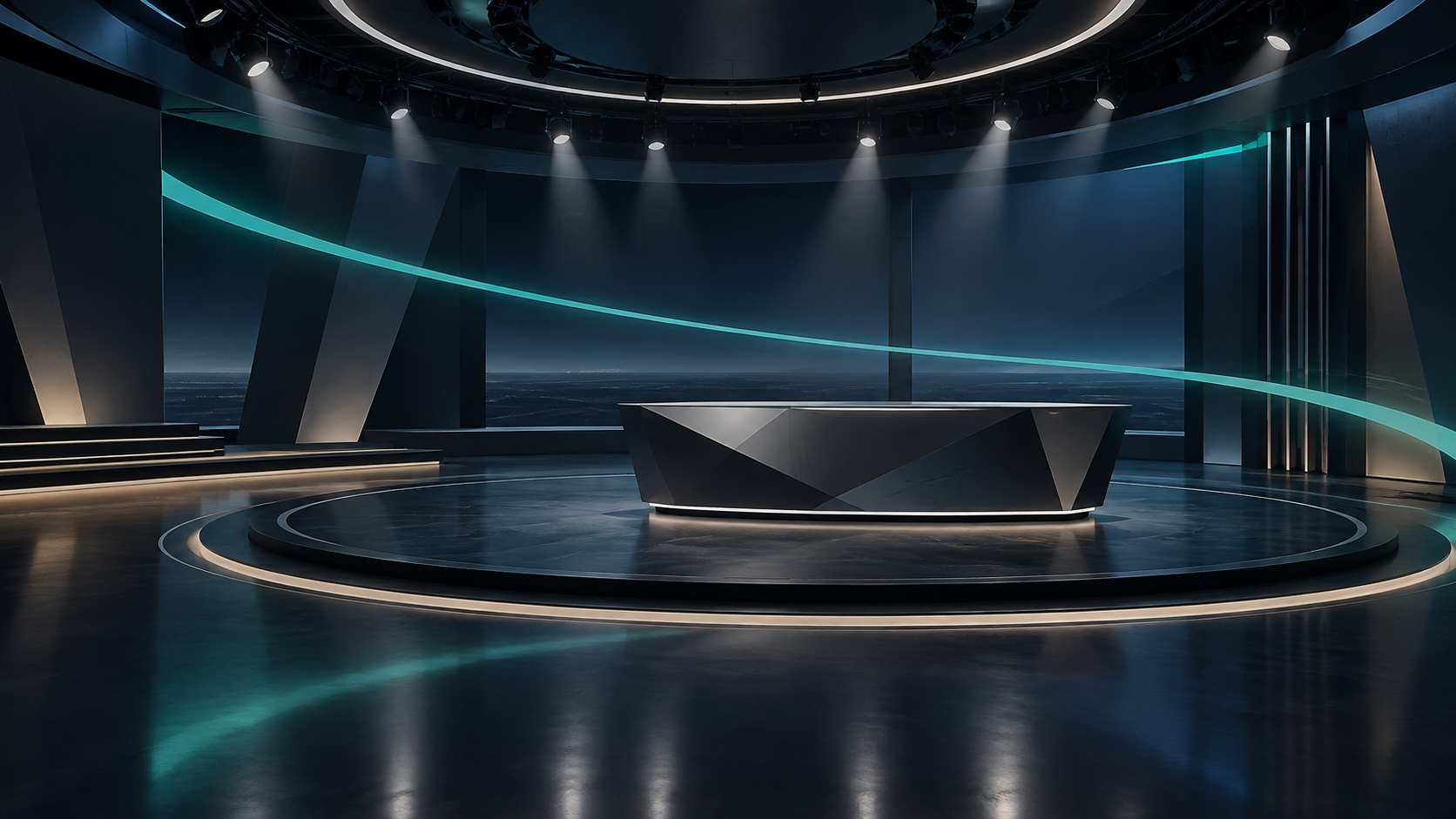 Conceptual unbranded broadcast-set study of a faceted anchor desk, overhead lighting grid and teal signal arc for Thematic Studios.
