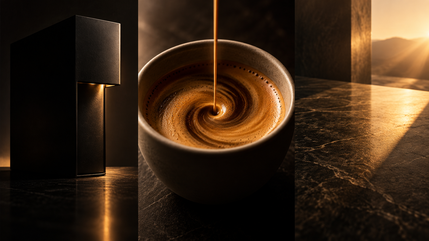 Conceptual cinematic study of dark material, coffee extraction and warm stone light for VERRA.
